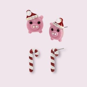 Betsey Johnson Christmas Pig & Candy Cane Stud Earring Set